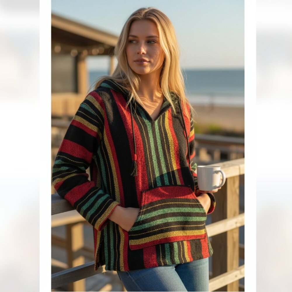 NWT  Multicolored Baja Rainbow Sweater Hoodie Poncho M